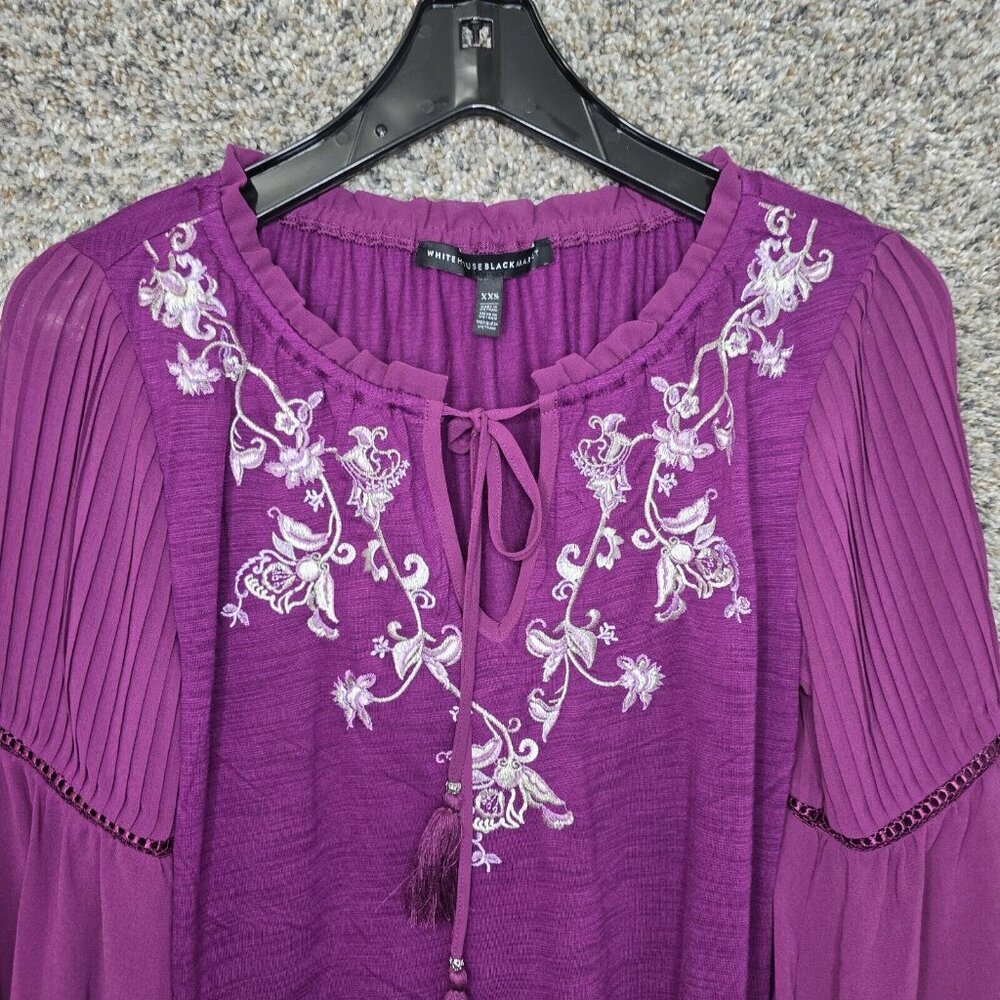 White House‎ Black Market Top Womens XXS Purple Embroidered Blouse Neck Tie - Picture 4 of 7